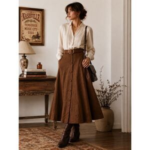 True Vintage Willow Ridge Brown Faux Suede Button Front Midi Skirt Size 10 USA